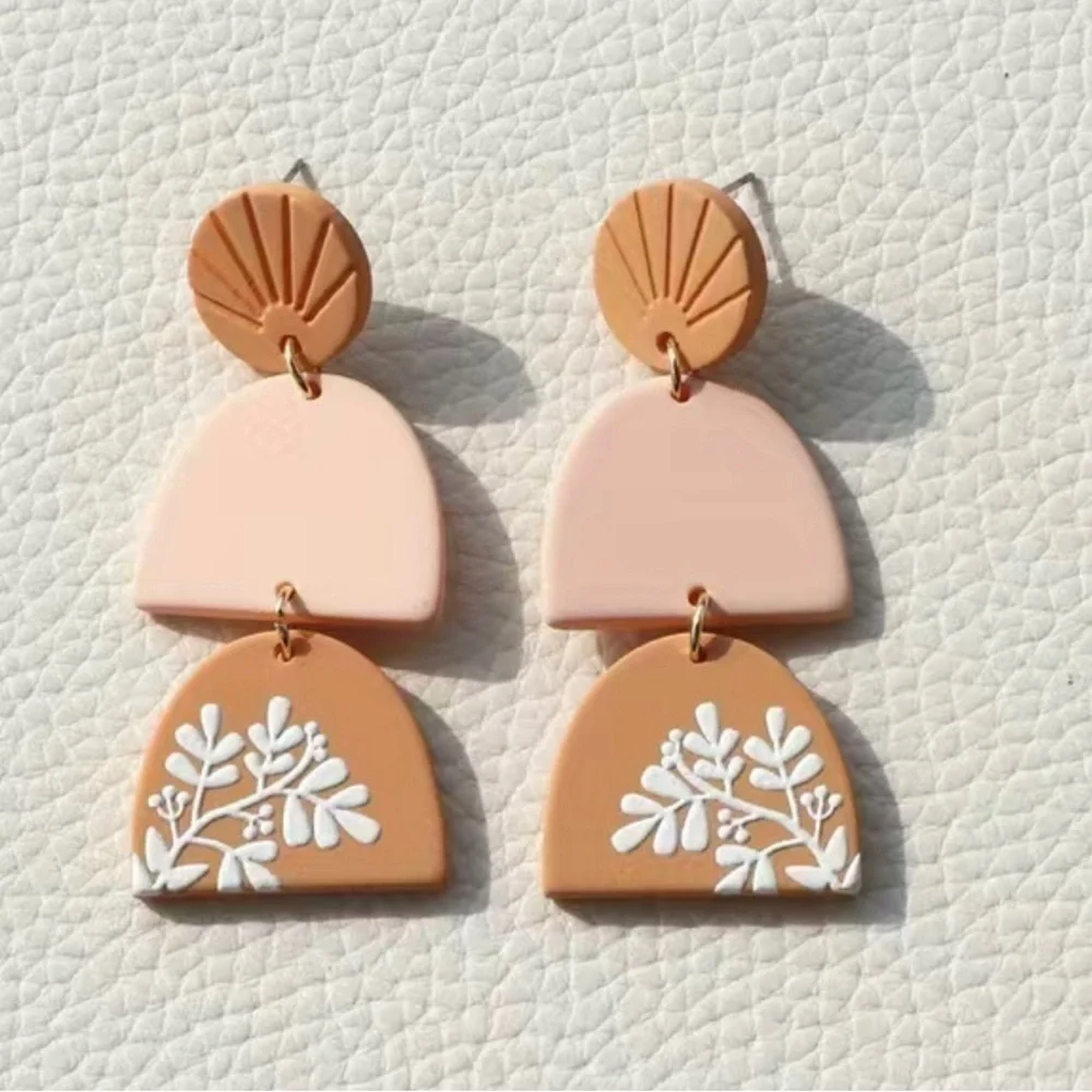 Tan and Pink Floral Clay Earrings